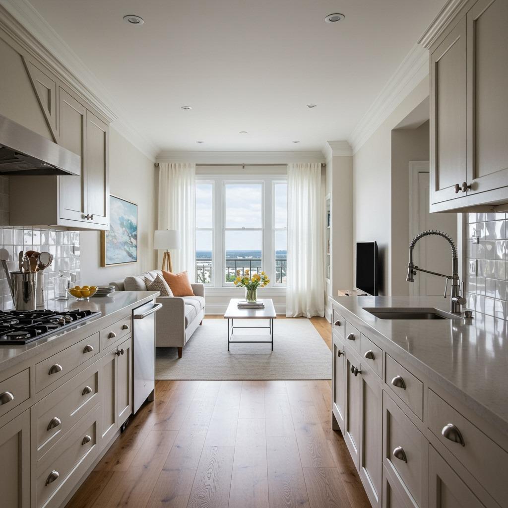 Kitchen Along Windows with Living Space Center