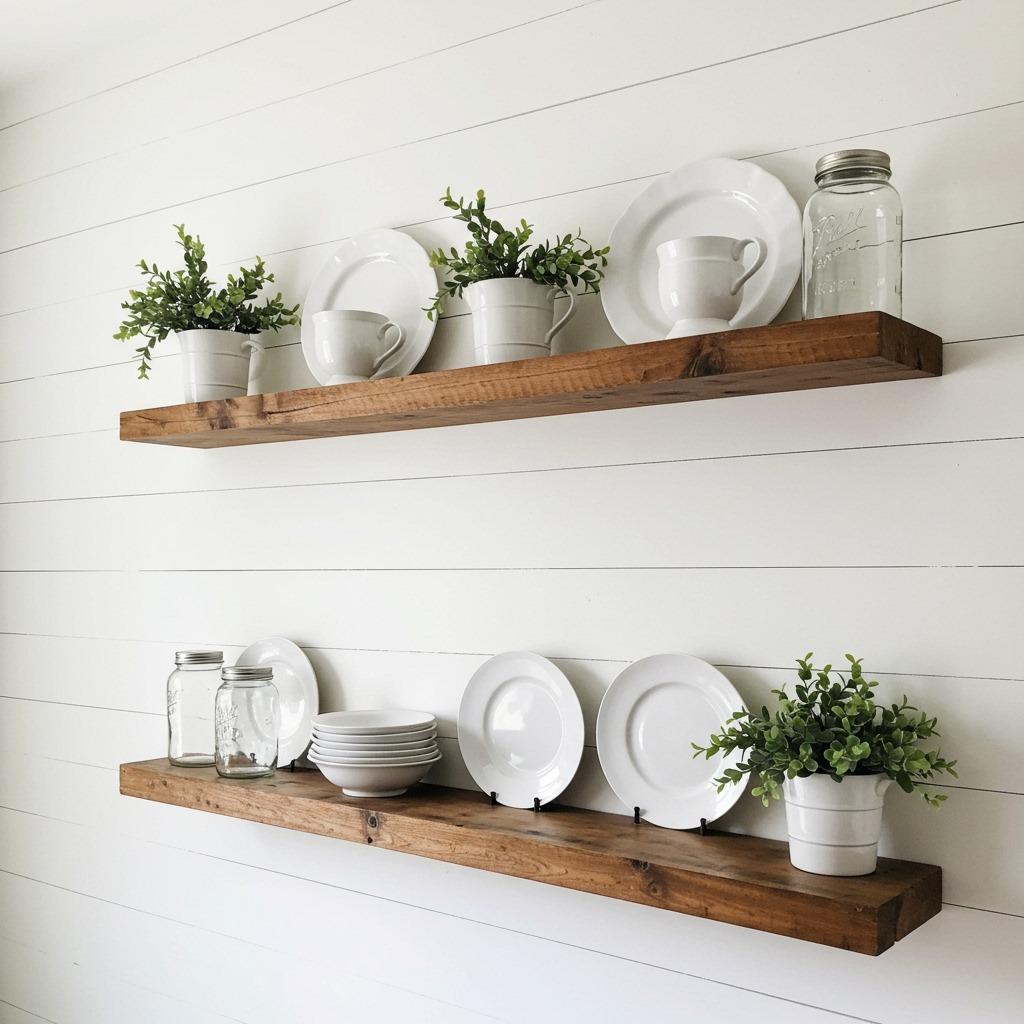 Shiplap Accent Wall Behind Open Shelving