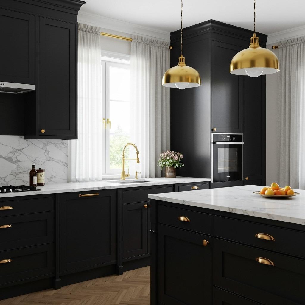 Black Cabinets with Gold Accents